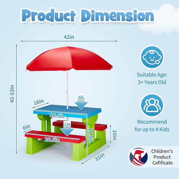 Portable Picnic Table and Chair Set ,Outdoor Table and Chair Sets,Plastic Picnic Table,Rectangular Activity Table & Bench Set,,with Removable Umbrella,for Backyard Garden Patio (Red & Blue & Green)