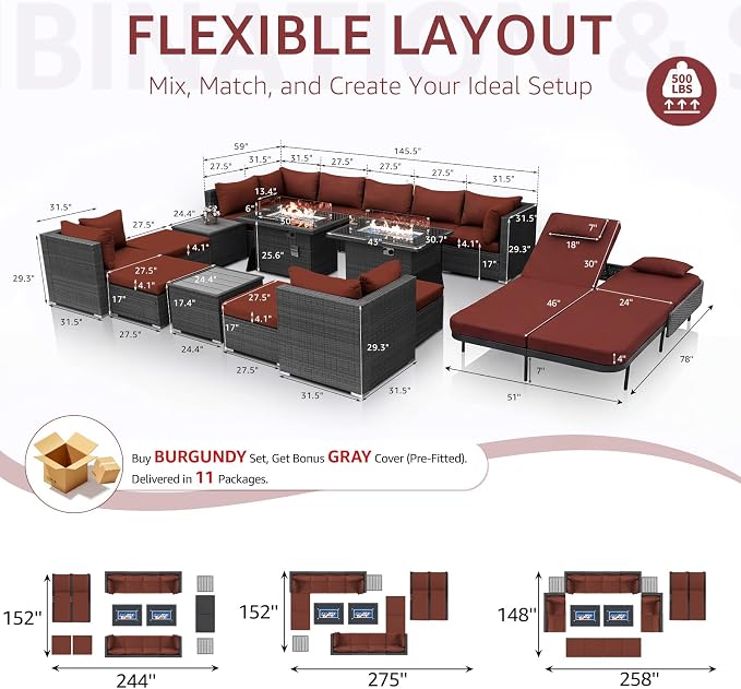 NICESOUL 18 Piece Outdoor Patio Furniture Set with Fire Pit and Chaise Lounge, 500 lbs High Weight Capacity Outdoor Sectional with Fire Pit, 14-Seat Deep Seating Sectional, Grey & Burgundy