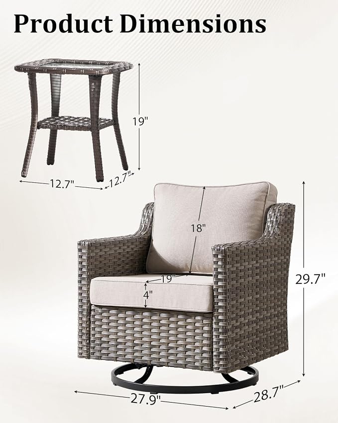 Outdoor Furniture Set of 3, Patio Chairs with Luxury 4" Cushion, Wicker Swivel Rocker Patio Chairs, and Side Table, High Back&Deep Seat for Garden Deck Porch Balcony Backyard - Beige