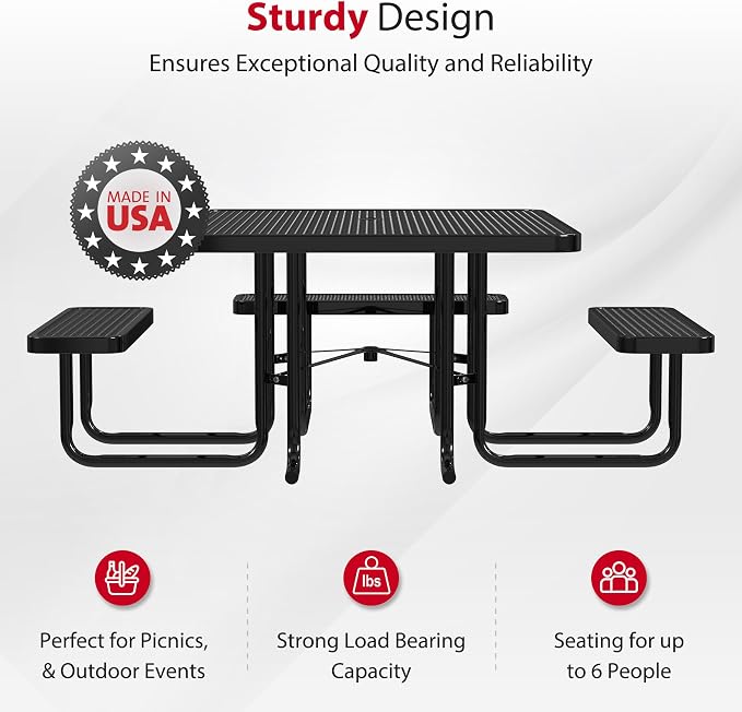 Leisure Craft Metal Picnic Table with Bench - 46" Square Outdoor Dining Table with Umbrella Hole, Heavy Duty Thermoplastic Coating, ADA Compliant, Commercial Grade Furniture Made in USA - Black