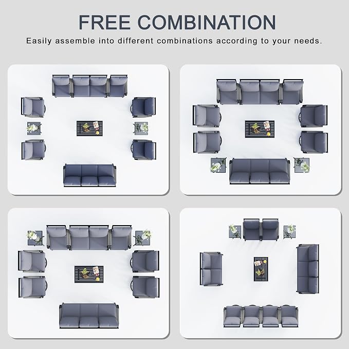 11 Pieces Patio Furniture Set, Metal Outdoor Conversation Sets with Swivel Chairs, Modern Couch Sofa Seating Group with Coffee Table and Side Table (Thick Gray Cushions)