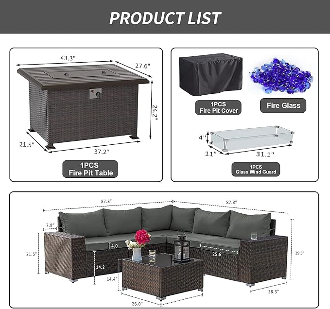 Kullavik 7 Pieces Outdoor Patio Furniture Set with 43" 55000BTU Gas Propane Fire Pit Table PE Wicker Rattan Sectional Sofa Patio Conversation Sets,Grey