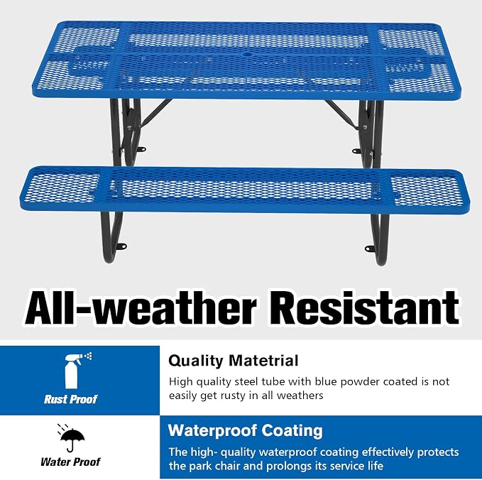 72'' Rectangular Steel Picnic Table for Outdoors,Commercial Metal Picnic Table with Umbrella Hole, Heavy Duty Sturdy Picnic Tables Furniture Set for Patio Garden Courtyard BBQ, Blue