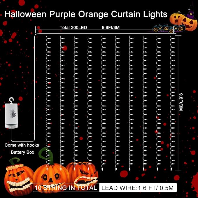 echosari Halloween Curtain Lights Battery Operated 300 LED Purple Orange | 9.8Ft x 9.8Ft Hanging Lights with Remote Timer for Party Garden Yard Decor