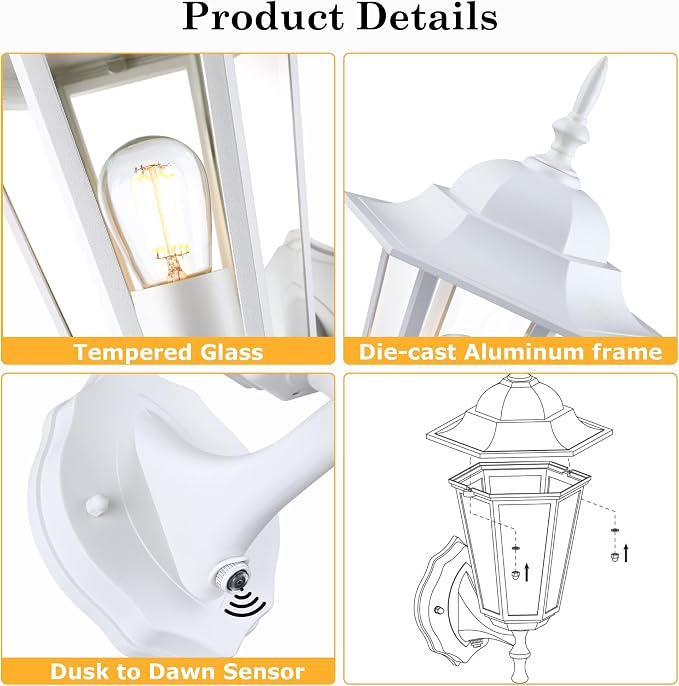 GRUENLICH Outdoor Wall Light Fixture, Rustproof Aluminum, Glass | Dusk to Dawn Exterior Porch Light Wall Sconce Lantern for House, Patio, Garage, Waterproof, E26 Socket 60W Max, White, 1 Pack