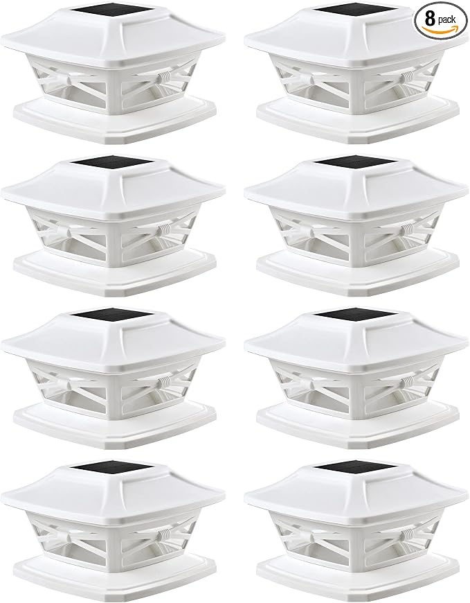 Davinci Lighting Flexfit Solar Outdoor Post Cap Lights - Includes Bases for 4x4 5x5 6x6 Wooden Posts - Bright LED Light - Pearl White (8 Pack) | Pearl White, Wooden Posts, fence/deck/garden/patio, UV fade-protected plastic, auto-on, 7-8h, cordless, IP4...
