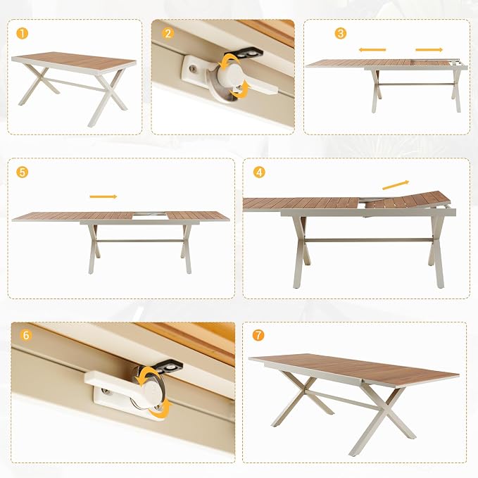 Grand patio Expandable Patio Dining Table, Extra Large 94.5" L x 37" W Outdoor Dining Table for 6-10 Person Wood Grain Rectangular Patio Table with E-Coating for Garden Porch Deck, Apricot