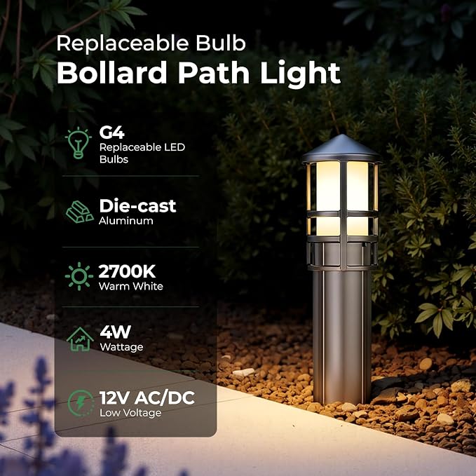 Low Voltage Landscape Pathway Lights, Replaceable G4 Bulb 12V 4W 2700K Outdoor LED Landscape Lighting, Aluminum Waterproof Walkway Lighting, Bollard Path Lights Wired, Bronze 12 Pack