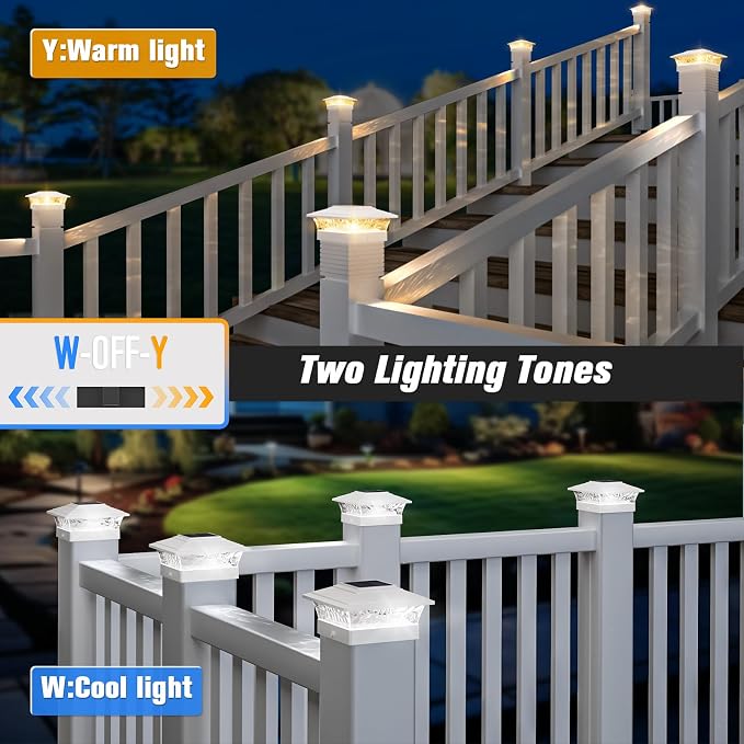 Solar Post Cap Lights Outdoor 12pack, Waterproof Solar Powered Deck Fence Post Lights Fit 4x4/5x5/6x6 Wood/Vinyl Posts, White Vinyl Fence Post Lights with Warm/Cool White for Garden Patio Porch Deck