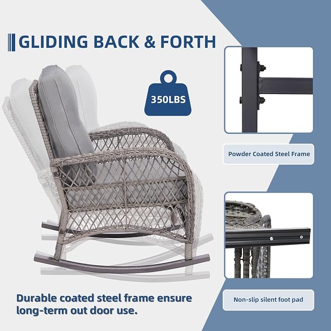 4-Piece Wicker Patio Furniture Sets Outdoor All-Weather Rattan Conversation Set Includes Glider Loveseat, Glass-Top Coffee Table, 2 Rocking Chairs with Thickened Cushions, Gray