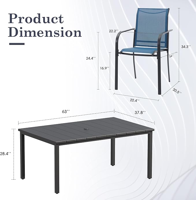Patio Table and Chairs Set for 6, Outdoor Dining Set with 6 Stackable Dining Chairs and 63"x 37.8" Metal Steel Rectangle Dining Table for Backyard, Lawn, Garden, Dark Blue & Black