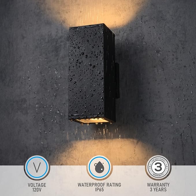 LEONLITE 2-Pack 12" Outdoor Rectangular Wall Light, Up and Down, E26 Base | Modern Porch Patio Lights, Waterproof Wall Sconce, Exterior Light Fixture Wall Mount, Aluminum, Matte Black, ETL Listed
