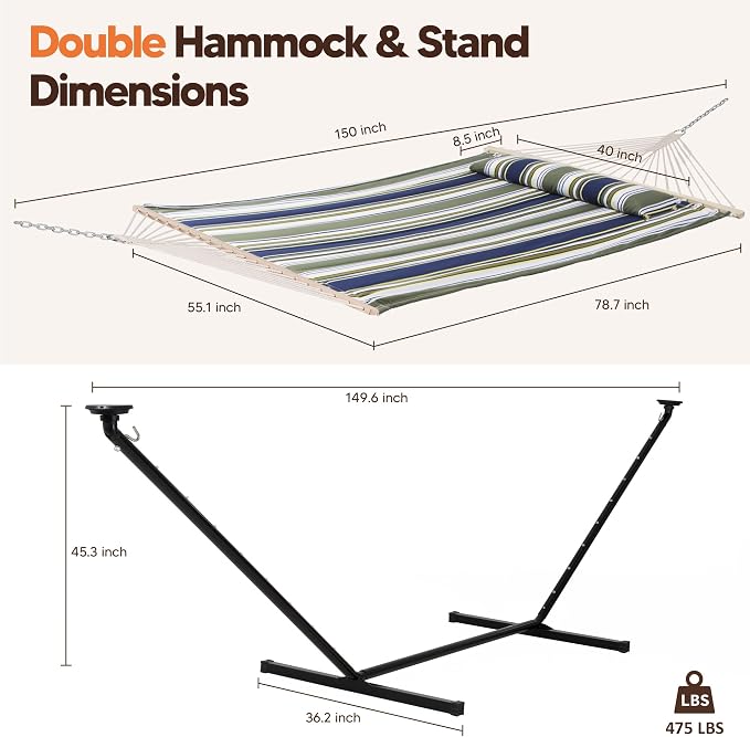 SUNCREAT Double Hammock with 12 ft Stand, Solar Powered Lights, Outdoor Standing 2 Person Hammock, Dark Green