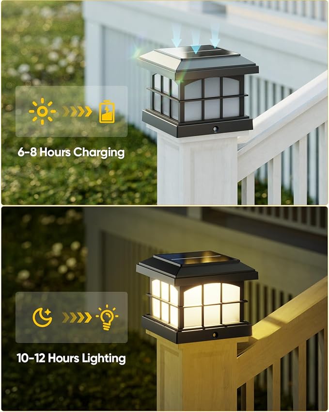 RGBCW Solar Post Cap Lights 8-Pack, 9 Colors 3 Modes Fence Caps, Bright Solar Outdoor Waterproof LED Deck Lighting for Fence Garden Deck Patio Porch Decor 4x4 Vinyl/Wood, Black