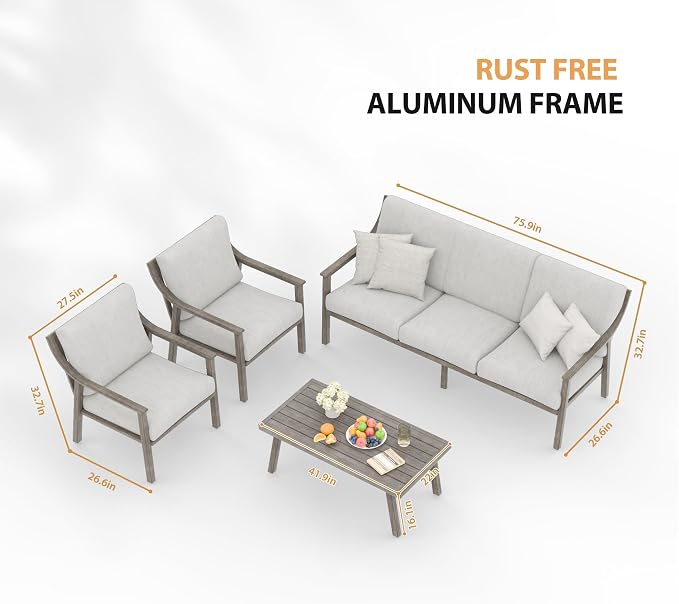 HAPPATIO 4-Piece Outdoor Patio Furniture Set for 5, Aluminum Outdoor Conversation Set Includes 1 Three-Seater Sofa, 2 Armchairs, and 1 Coffee Table, Perfect for Porch, Deck, Garden, (Grey)