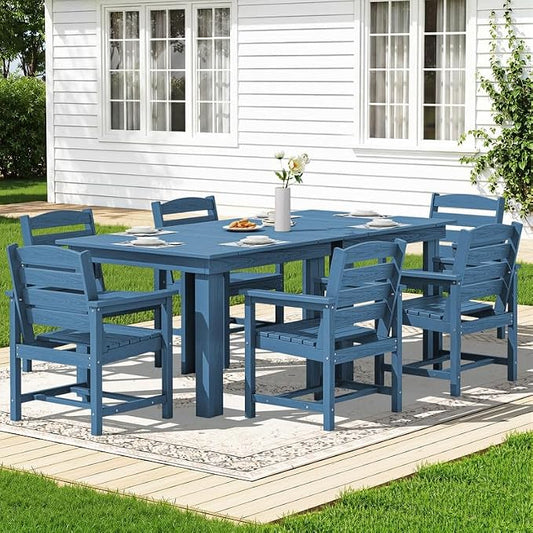 KINGYES 8-Piece HDPE Outdoor Dining Set for 6, Square Patio Table & Armchairs with Umbrella Hole, All-Weather Patio Dining Set for Backyard, Garden, Lawn & Poolside, Blue