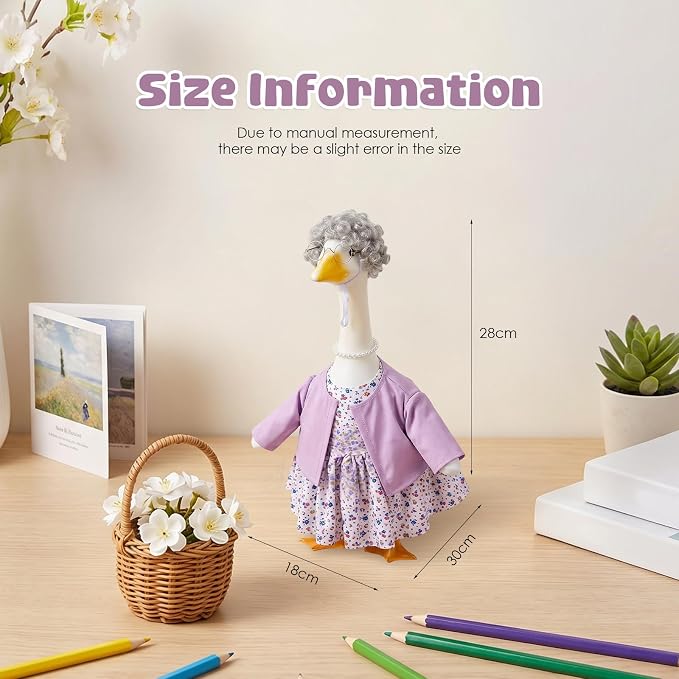 Old Lady Porch Goose Outfits Grandma Goose Clothes Glasses Curly Wig Floral Print Dress Cardign and Pearl Necklace,23'' Geese Statue Outdoor Patio Yard Lawn Decoration (Mixed)