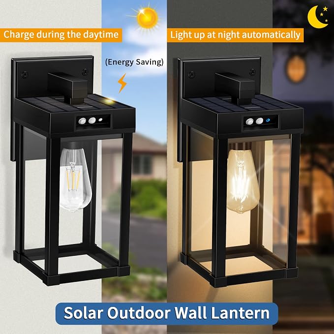 Solar Wall Lights Outdoor with 3 Lighting Modes & Motion Sensor, Solar Porch Light with 2 Bulbs, Waterproof Outdoor Wall Sconce Lantern Lamp Fixture for Garage Porch Shed Barn Yard Garden Front Door