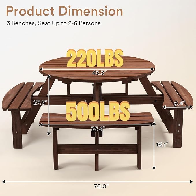 Zevemomo 8 Person Wood Picnic Table, Round Tabletop with Umbrella Hole, 4 Integrated Curved Benches, 2220LBS Overall Capacity for Patios, Backyard, Rustic Brown