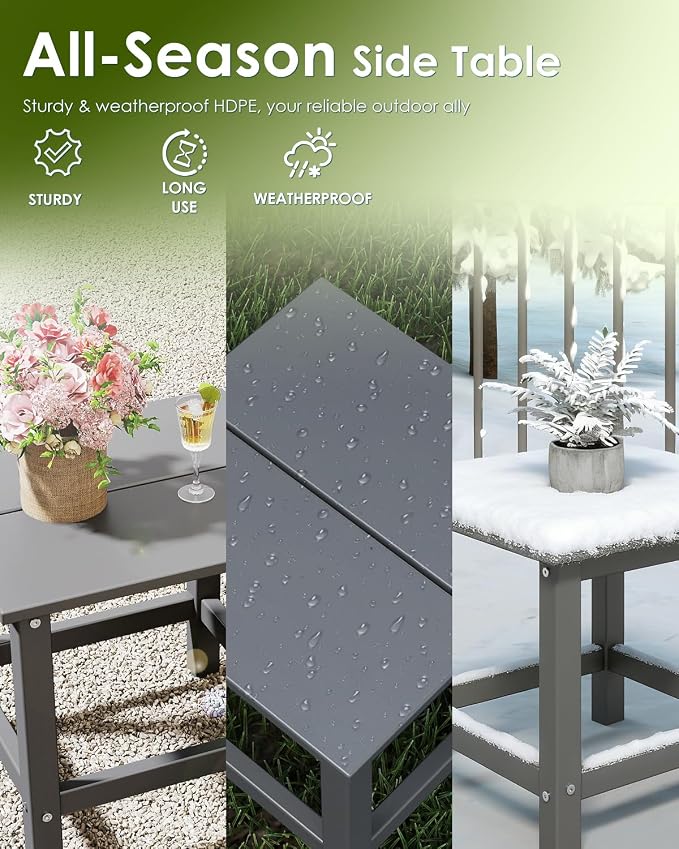 GREENVINES Adirondack-Outdoor-Side-Table | 18 x 18 Inches | HDPE Plastic | All Weather | Outside Couch Tables for Conversation Set | Gray | for Patio Porch Deck Lawn