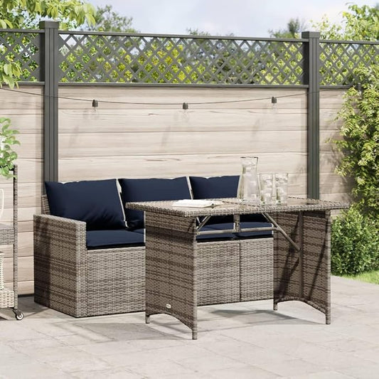 2 Piece Patio Dining Set with Cushions Gray Poly Rattan Outdoor Table and 3-Seater Sofa with Tempered Glass Weather-Resistant Garden Furniture for Backyard Deck Poolside Dining, 242. 5 lb Capacity
