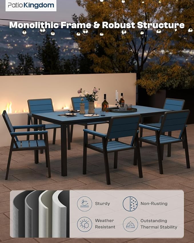 7-Piece Outdoor Dining Set with 15FT Umbrella,Navy | HDPE table, chairs included, aluminum frame, 2" hole design, weather-resistant furniture, perfect for backyard, deck, garden