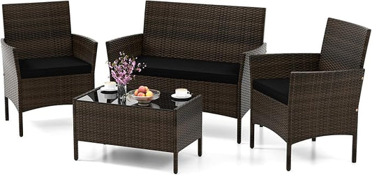 HAPPYGRILL 4 Pieces Outdoor Rattan Conversation Set, Patio Wicker Furniture Set with Loveseat Chairs & Tempered Glass Coffee Table, Outside Sectional Sofa Set for Backyard Garden & Poolside
