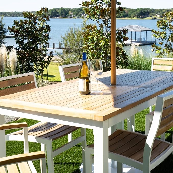 Hives & Honey Catalina Rectangular Outdoor Dining Table, Grade-A Teak Wood Patio Table with Aluminum Legs & Umbrella Hole, Seats 4–6, White