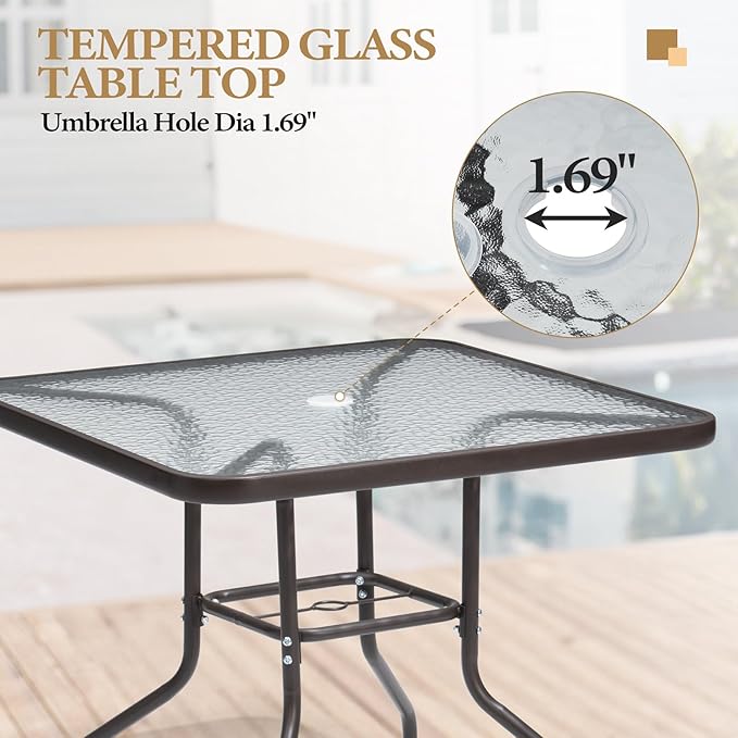 Crestlive Products 5 Piece Patio Dining Set with 4 Folding Chairs and Table Outdoor Dining Furniture with Square Glass Tabletop, Umbrella Hole for Bistro, Garden, Backyard, Deck (Brown)