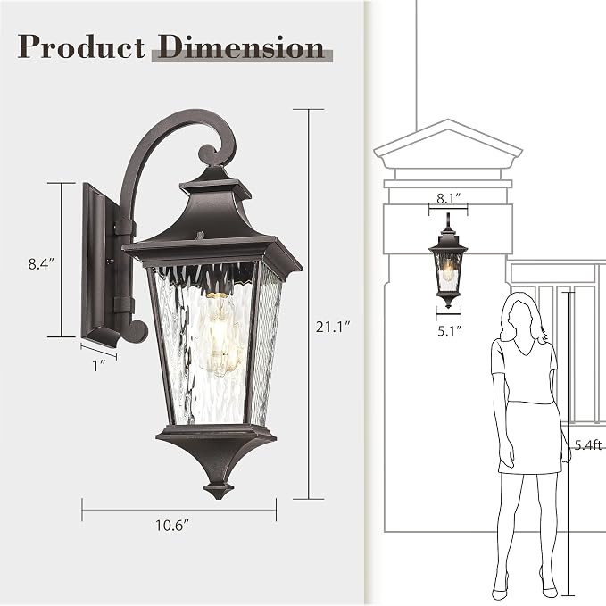 Emliviar Outside Wall Sconce Light Fixture, 21.1 Inch Rustic Wall Lantern with Water Ripple Glass, Outdoor Patio Light in Oil Rubbed Bronze Finish for Entryway, XE292B-M ORB SW