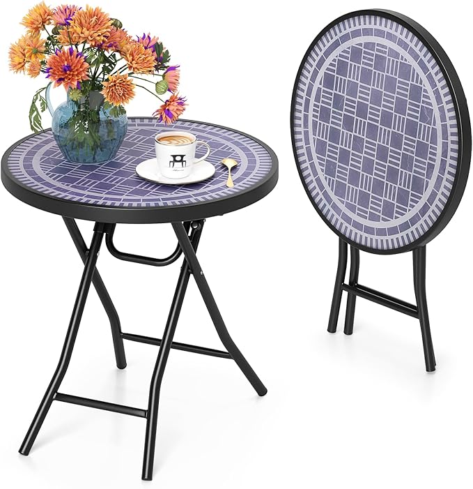 Tangkula Round Folding Side Table, 18 Inch Patio Coffee Table with Tempered Glass Tabletop and Metal Frame, Indoor Outdoor Small Side Table for Yard, Balcony, Porch, Poolside (Grey,1)