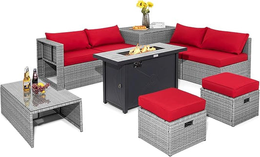 Tangkula 9 PCS Patio Furniture Set with 42” 60,000 BTU Fire Pit, Outdoor Space-Saving Sectional Sofa Set with Storage Box, Waterproof Covers Included (Red)