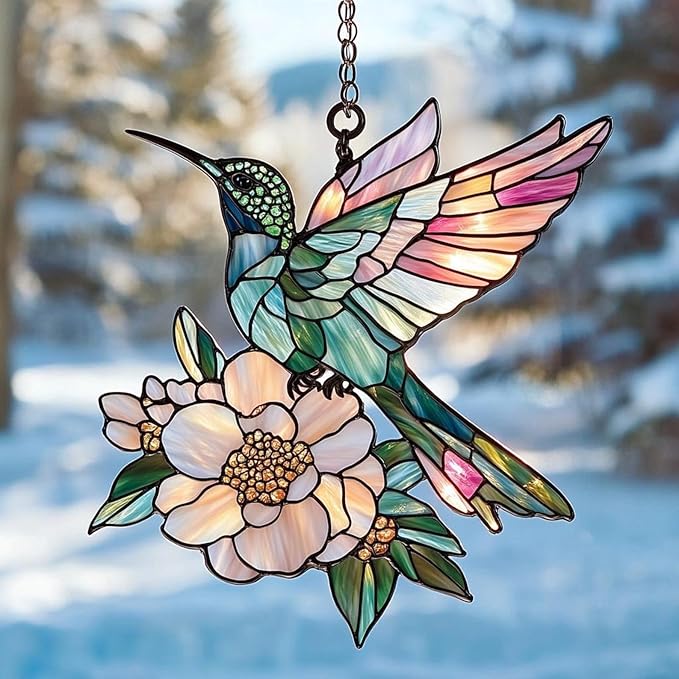 Floral Hummingbird Acrylic Suncatcher, Boho Suncatchers for Window Hanging Ornament, Stained Glass Effect Art Garden Decor for Bird Lover, Gifts for Mother's Day, Mom, Grandma, Wife, Women, Nana