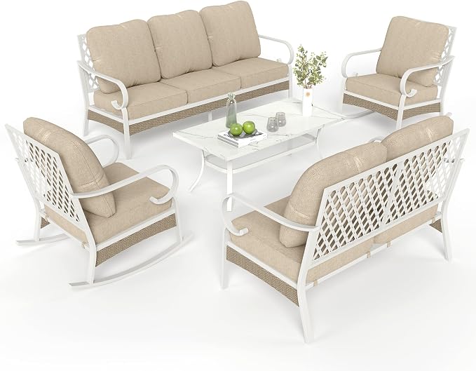 MIXPATIO 5 Piece Patio Furniture Set, 2 x Rocking Chair, 1 x 2-Seat Sofa, 1 x 3-Seat Sofa with Marbling Coffee Table, All Cushioned 7 Seats Outdoor Conversation Set, Beige