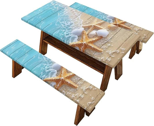 Starfish Picnic Table Cover with Bench Covers Lightweight Camping Essentials, Oil-Proof Waterproof 3PCS Tablecloth with Elastic, Fitted for Table 6FT Rectangle and Seats