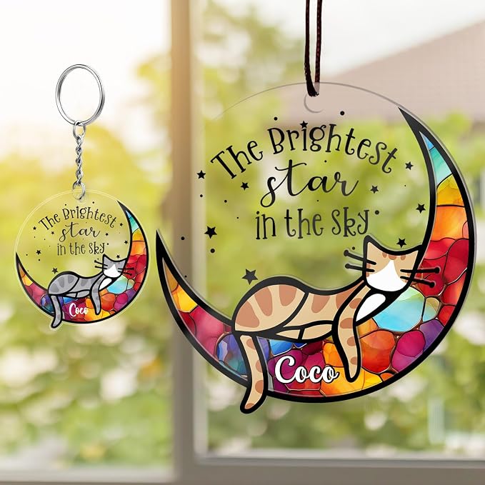 Cat Memorial Gifts for Loss of Cat — Personalized Cat Memorial Suncatcher Ornament, Sympathy Gift for Cat Lovers, Stained Glass Window Hanging, Pet Loss Gift