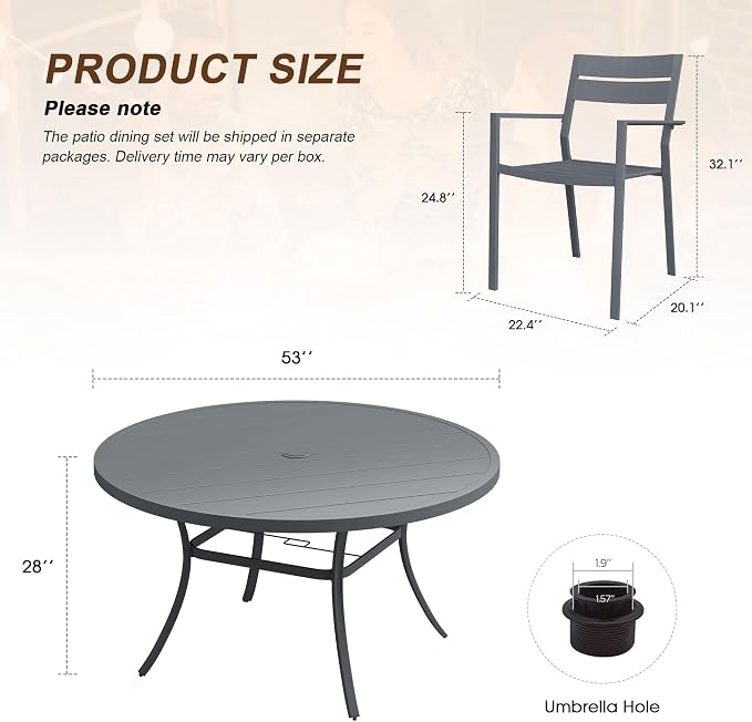 VICLLAX Patio 9 Pieces Outdoor Dining Set, Wrought Iron Metal Outdoor Table and Chairs Set, 53" Round Table with Umbrella Hole and 8 Stackable Chairs for Lawn, Garden, Porch, Dark Grey/Grey