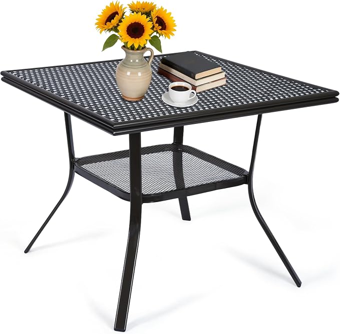 35.2" Square Outdoor Bistro Table, All-Weather PE Rattan Patio Side Table w/Sturdy Metal Frame & Adjustable Foot Pads, Wicker Dining Table for Poolside Backyard Garden Balcony, Black/White