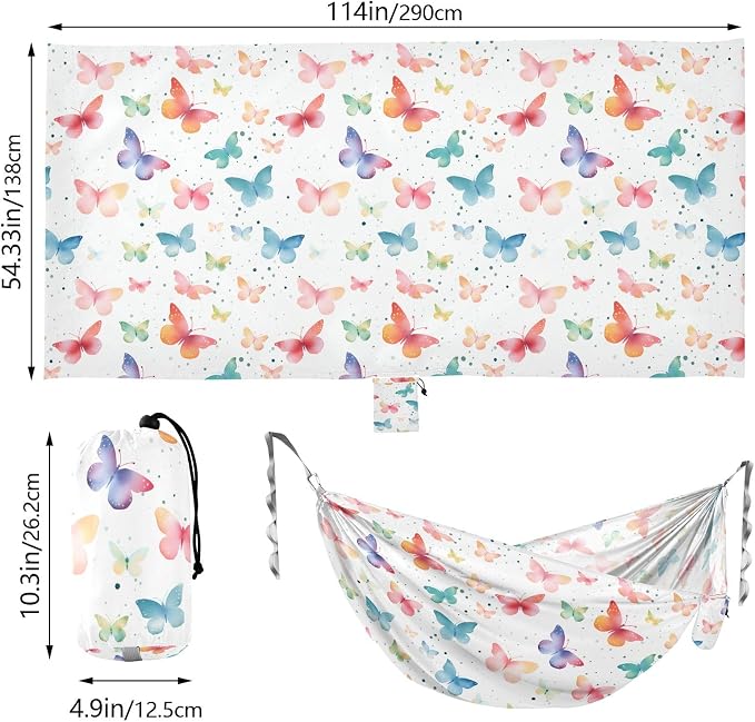 Camping Hammock Outdoor Hammocks for Outside Butterfly Watercolor White Beach Trees Portable Lightweight with Pockets Tree Straps Indoor