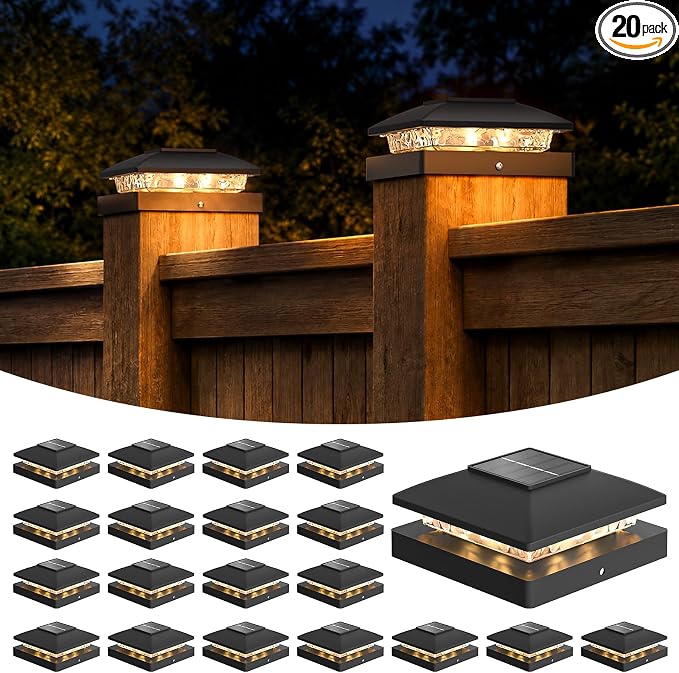 APONUO Solar Post Cap Lights for 4x4 Posts - IP64 Waterproof, 3000K LED, No-Wire Fence Lights & Deck Lights for Patio Garden Yard Patio, Black-Warm White, 20 Pack