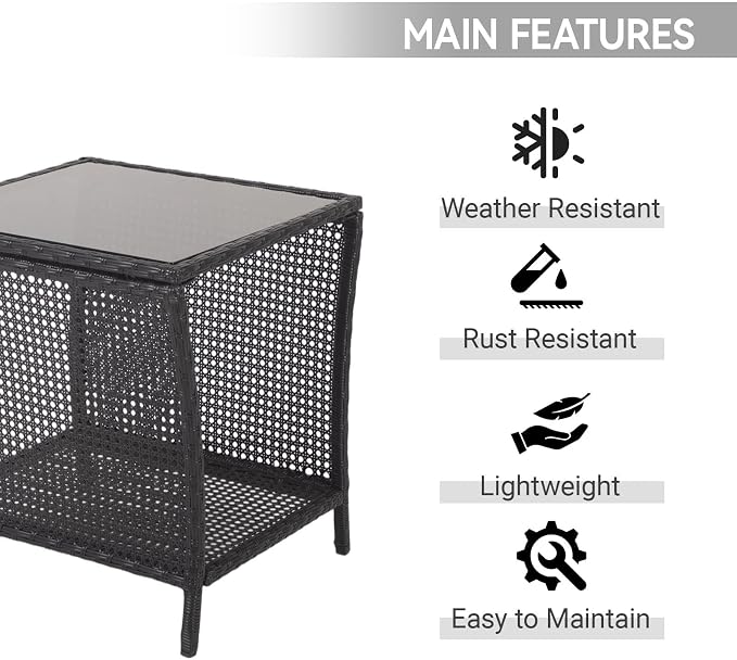 Outdoor Side Table - Patio Rattan End Table with Square Glass Tabletop, Wicker Outdoor Side Table with Extra Storage Shelf for Garden, Backyard, Porch, Black