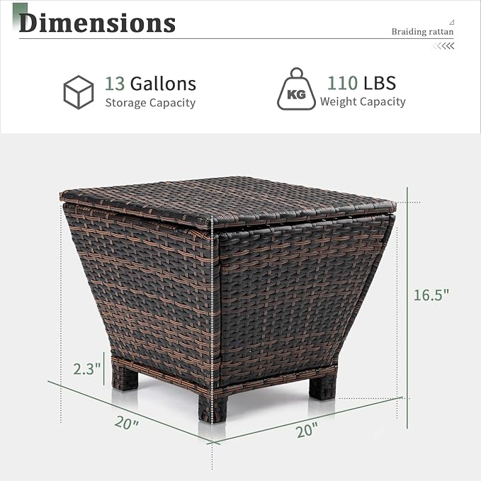 20in Outdoor PE Wicker Side Table,Trapezoidal Patio Rattan End Table,Outside Storage Bin Container,All-Weather Small Storage Box Tables,with Lid,for Garden Porch Poolside Deck Backyard (Brown)