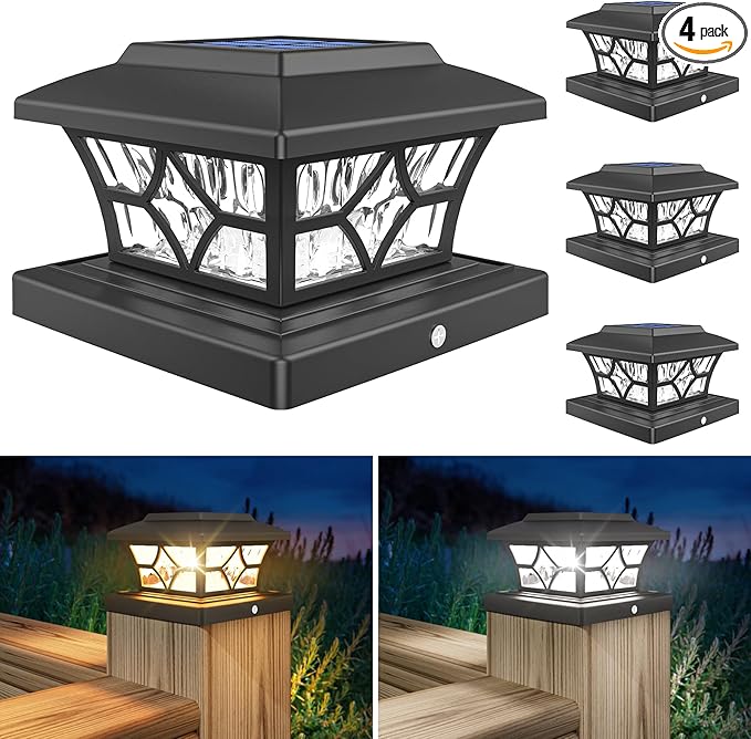 VOLISUN Solar Post Cap Lights Outdoor, Solar Powered Fence Cap Lights for 4x4 Vinyl/Wood, Black Waterproof Solar Deck Post Light 4Pack Cool/Warm for Garden Patio Porch