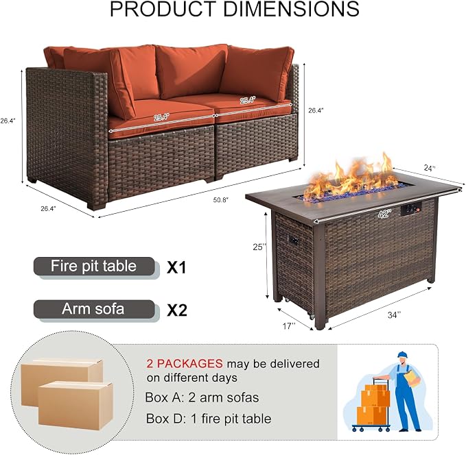 3 Pieces Patio Furniture Set with Fire Pit Table, Outdoor PE Rattan Sectional Sofa with Soft Cushions for Backyard, Porch, and Poolside (Red, 3 PCS w/Firepit)