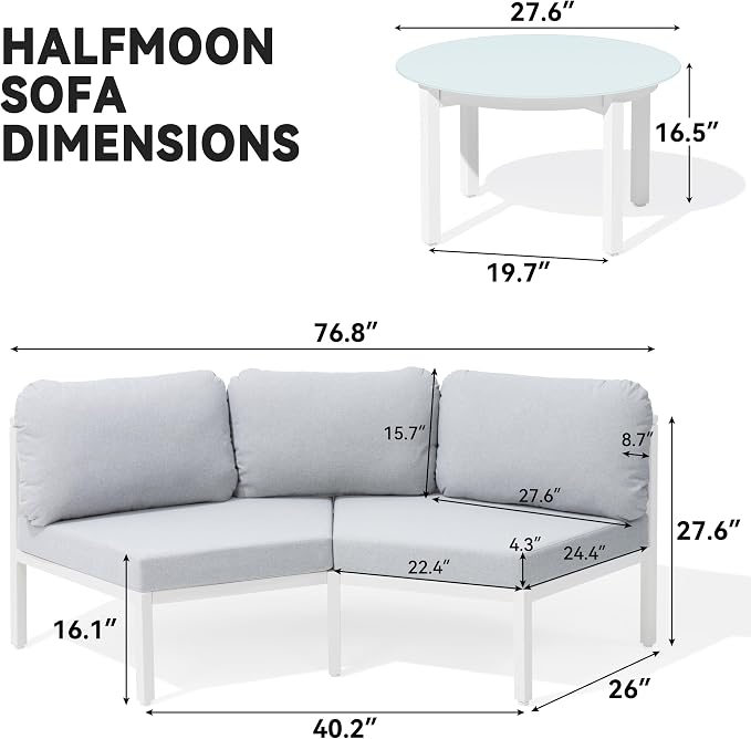 Crestlive Curved Patio Furniture Set, Modular Half Moon 4-Seater Sofa with Round Coffee Table, Aluminum Outdoor Sectional with 4.3" Cushions, All-Weather Couch for Backyard, Deck, Porch, Poolside