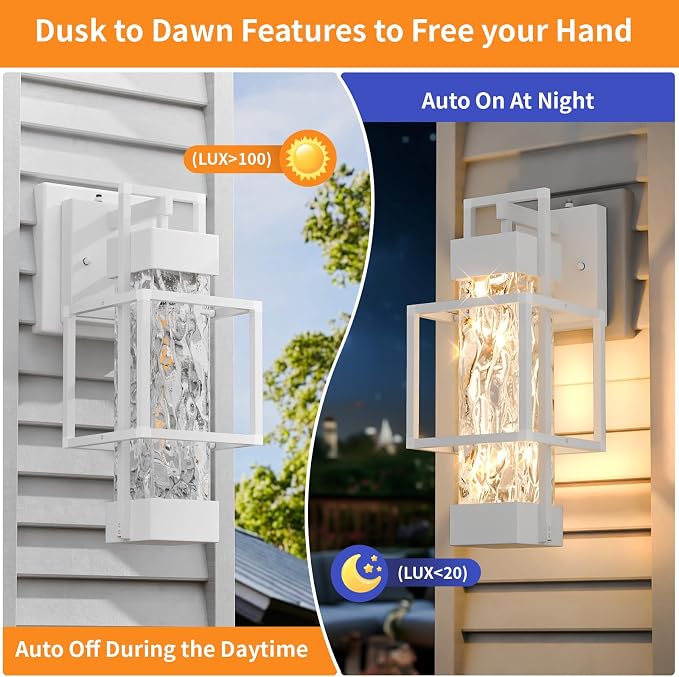Hotsonic 2 Pack White Dusk to Dawn Outdoor Porch Light Fixtures Wall Mount, 14'' Dimmable Exterior Lighting for Outside, Waterproof Wall Lantern Lamps, Sconce Coach Lights for House, Garage