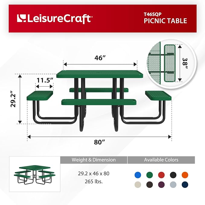 Leisure Craft Metal Picnic Table with Bench - 46" Square Outdoor Dining Table for 8 with Umbrella Hole, Weatherproof Heavy Duty Thermoplastic Coating, Commercial Grade Furniture Made in USA - Green