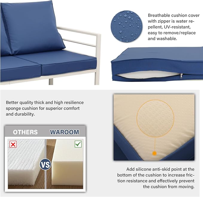 WAROOM Patio Furniture Set 4 Pieces Metal Outdoor Conversation Sets Backyard Chair Outside Couch with Coffee Table, Blue Cushion