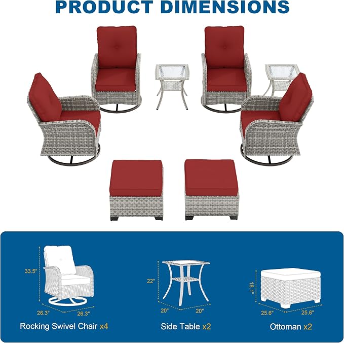 8-Piece Small Patio Furniture Set, Outdoor Swivel Rocking Chairs Set with Ottomans, Patio Bistro Set for Balcony, Deck, Porch, Red