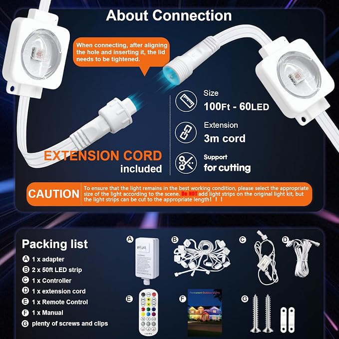 Super RGB Permanent Outdoor Lights 100FT, Smart RGB+IC Eave Lights with Remote APP Control, DIY LED Color Individual, White & Colorful Christmas String Light, IP67 Waterproof for House Outside Decor